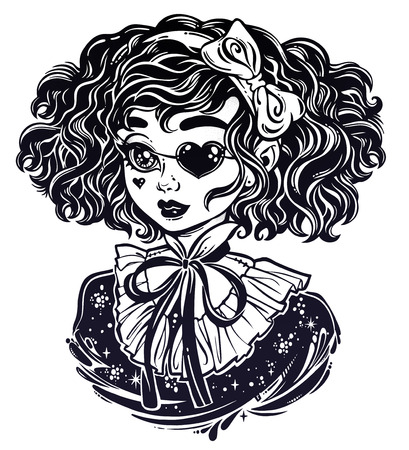 Gothic Victorian Girl Head Portrait With Heart Shaped Eye Patch