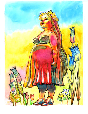 Watercolor portrait of a beautiful pregnant woman with long hair in a dress on nature against the background of the skyの写真素材