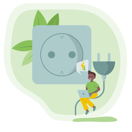 Characters reduce energy consumption at home, People unplug appliances. Power save concept. Vector.のイラスト素材