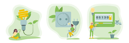 How to reduce energy consumption at home set. Vector flat illustration.のイラスト素材