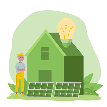 House with solar panels. Illustration in flat style. Modern eco private house with solar energy panels and smart home technology. Renewable energy and sustainability concept. Vector illustration.のイラスト素材