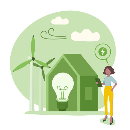 Sustainability vector flat illustration. ESG, green energy, sustainable industry with windmills. Environmental, Social, and Corporate Governance concept.のイラスト素材