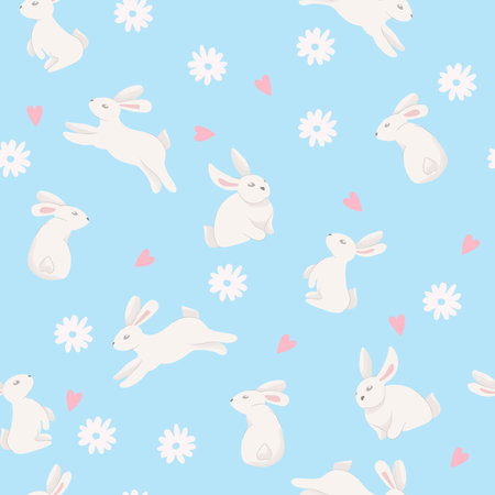 Easter rabbit pattern. Seamless pattern with rabbit and daisy flower. Vector illustration in flat style. Pattern in swatches.のイラスト素材
