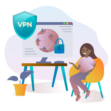 Cybersecurity and virtual private network concept. Person using VPN for computer with VPN sign. Users protecting personal data with VPN service. Vector illustration in cartoon style.のイラスト素材