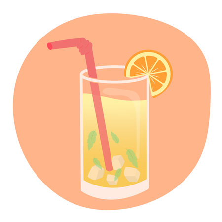Summer drink orange juice. Vector cartoon illustration of sweet juice. Chill summer non-alcoholic drink party. Icons or menu concept.のイラスト素材