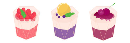 Set of desserts panna cotta in glasses with berries and a layer of jam. Traditional Italian parfait of cream and fruit, vector illustration in cartoon style.のイラスト素材