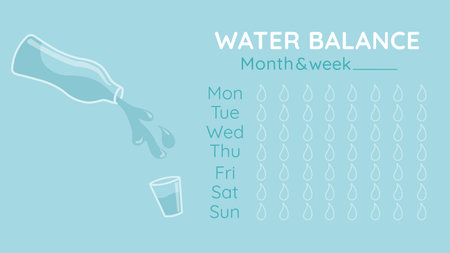Water Tracker. Water Balance Calendar. Water weekly Tracker. From Monday to Sunday. Hydration Challenge. Flat vector illustration on a blue background. Drinking water checklist with bottle and glassのイラスト素材