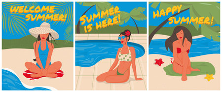 Beautiful girls relaxing on summer vacation. Seaside, palm, starfish. Banner, poster, card. Vector...