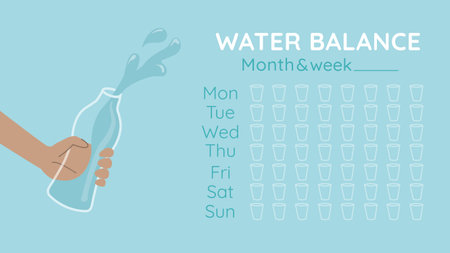 Water Tracker. Water Balance Calendar. Water weekly Tracker. From Monday to Sunday. Hydration Challenge. Flat vector illustration on a blue background. Drinking water checklist with bottleのイラスト素材