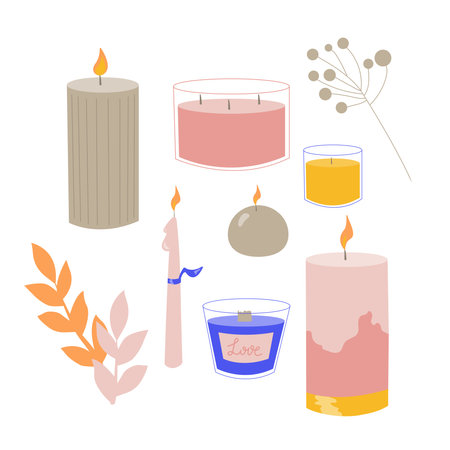 Collection of modern candles, different types of candles for home decor. Home aromatherapy, hygge home decoration set, vector illustrationのイラスト素材