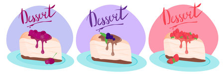 Cheesecakes set. Slice of cheesecakes with different flavors. Classic dessert strawberry, cherry and...