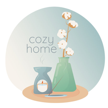 Cozy home elements, candle, home incense, aromatherapy, cotton in vase. Decorative design elements. Hand drawn vector illustration isolated on white background in modern trendy flat cartoon style.のイラスト素材