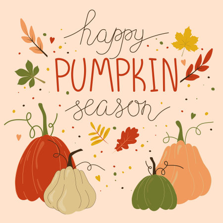Happy Pumpkin Season. Autumn pumpkin season card with lettering. Vector illustration. Modern design elements. Seasonal celebration.のイラスト素材
