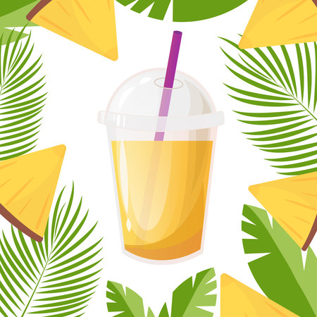 Pineapple juice or cocktail in plastic cup with sphere dome cap and cocktail tube. Fresh squeezed juice. Healthy organic food. Vector illustration on white background and frame with tropical leaves.のイラスト素材