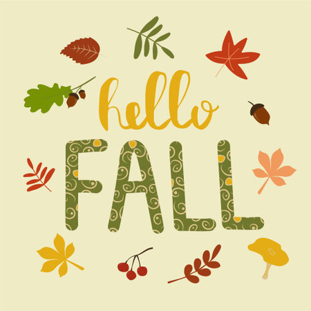 Hello Fall - Autumn lettering with leaves and acorns. Illustration for greeting card, poster, banner, flyer, home decor. Flat vector illustration.のイラスト素材