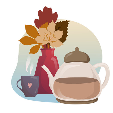Autumn Tea time. Kettle and mug with tea, autumnal leaves. Delicious tea-party for breakfast isolated on gradient background for tea party, menu, shop. Graphic design for Autumnのイラスト素材