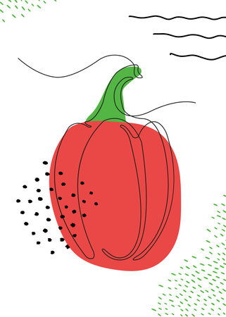 Continuous one line drawing pepper. Black line art on white background with colorful spots and elements. Poster in minimalism concept. vector illustration.のイラスト素材
