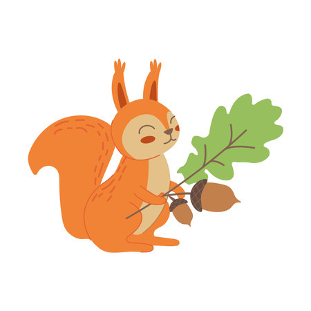 Cute little squirrel holding branch with acorn. Welcome Fall concept. Cartoon animal character for kids t-shirts, nursery decoration, greeting card, house interior, invitation. vector illustrationのイラスト素材