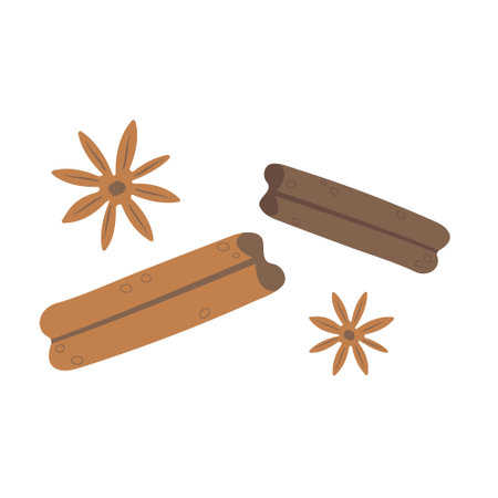 Spices elements for kitchen. Flat hand drawn spices with texture vector illustration. Anise and cinnamon. Cute elements for spice shop. Autumn dishes concept.のイラスト素材