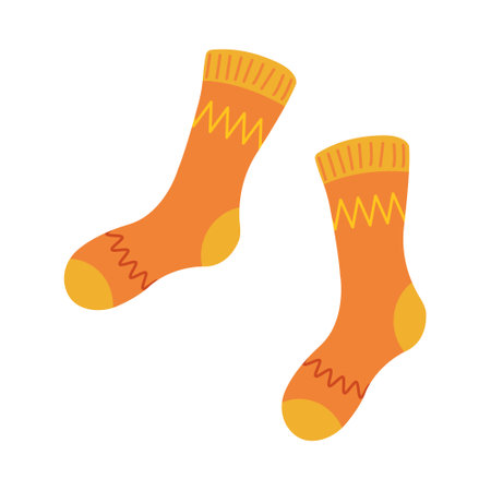 Knitted socks with ornament hand drawn cartoon illustration. Flat style design, isolated vector. Kids autumn, fall print element, seasonal warm, cozy clothes, knitting, handicraft, knitwearのイラスト素材