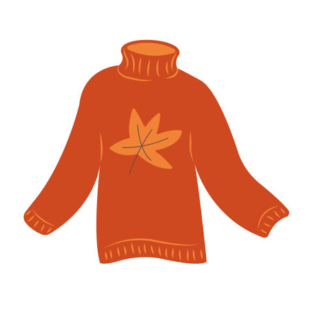 Knitted sweather with hand drawn cartoon illustration. Flat style design, isolated vector. Kids autumn, fall print element, seasonal warm, cozy clothes, knitting, knitwear, handicraftのイラスト素材