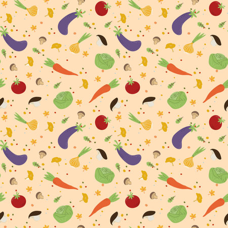 Seamless pattern with harvest in Orange, Beige, Brown and Yellow colors. Perfect for wallpaper, gift paper, pattern fills, autumn greeting cards, web page background. Pattern in swatches.のイラスト素材
