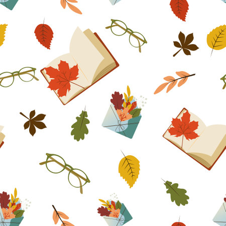 Seamless pattern with leaves, book, glasses. Perfect for wallpaper, gift paper, pattern fills, web page background, autumn greeting cards. Pattern in swatches.のイラスト素材