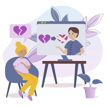 Woman consulting psychologist online. Doctor and patient discussing mental issues, using computer for distance talk. Vector illustration for counseling, therapy, psychology, support concept.のイラスト素材