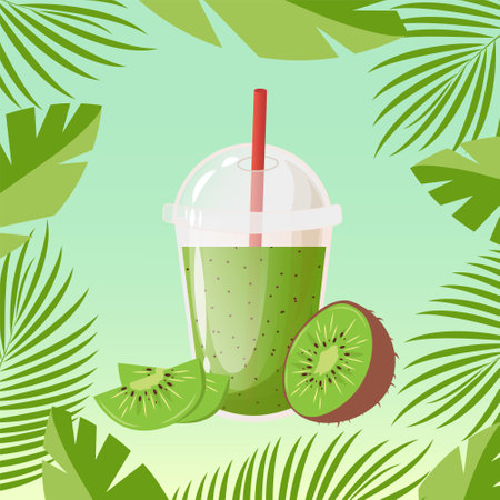Kiwi juice or cocktail in plastic cup with sphere dome cap and cocktail tube. Fresh squeezed juice. Healthy organic food. Vector illustration on gradient background and frame with tropical leaves.のイラスト素材