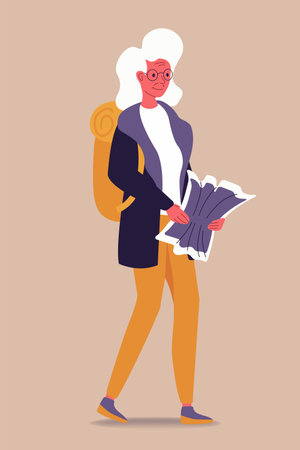 Senior woman traveling with trolley bags. Concept of happy retirement. Time for discover new places. Happy old age. Flat vector illustration in cartoon style isolatedのイラスト素材