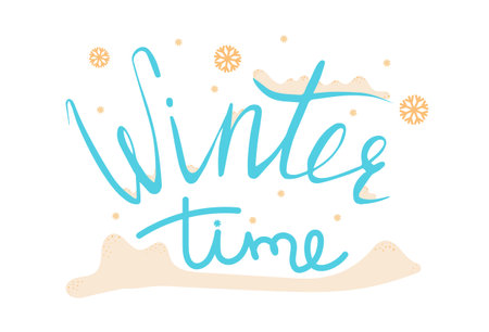 Happy Winter handwritten text, hand lettering with snowflakes isolated on white background. Brush calligraphy for greeting card, print, poster, sticker, decor. Winter holidays vector illustrationのイラスト素材