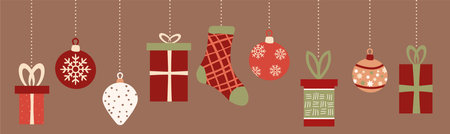 Set of Christmas tree toys and decoration. Illustration in flat style. Season decoration, Christmas and New Year celebration, icons isolated on brown background. Vector design template.のイラスト素材