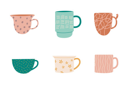 Set of cups and mugs isolated on white background in flat style. Vector illustration for cards, banners, web, posters and decorative design.のイラスト素材