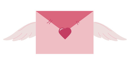 Happy Valentine s day. Pink paper envelope with angel wings and red heart. Flat illustration of congratulations mail envelope. Holiday background. Letters Be my Valentine.のイラスト素材