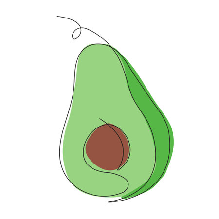 Avocado in continuous line art drawing style. Avocado minimalist black linear sketch with colored spots isolated on white background. Vector illustrationのイラスト素材