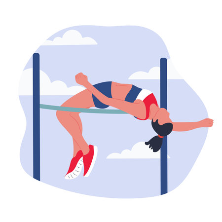 Athletic woman jumping over bar. Sports competition and high jump concepts. Female track and field athlete. Flat vector illustration isolated on white background.のイラスト素材