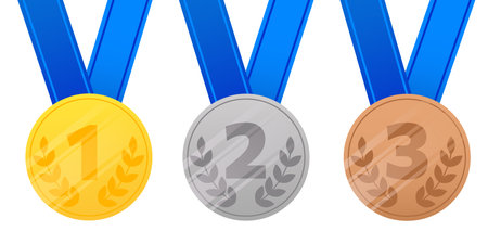Golden silver bronze first second third place medal set. Medals of sport competition. Cartoon design for poster, icon, card, logo, label, banner or sticker. Vector graphic design isolated illustrationのイラスト素材