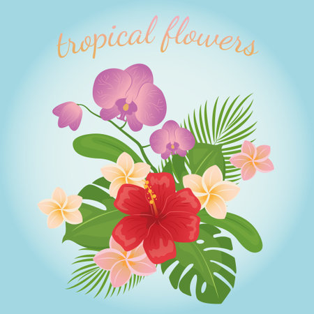 Vector card of bouquet with tropical flowers. Hawaiian style floral arrangement, with beautiful hibiscus, palm, plumeria, monstera, orchid. Vector illustration, vintage styleのイラスト素材