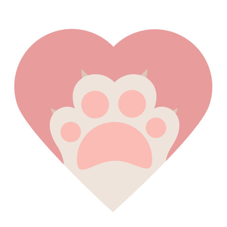 Illustration of cute cat paw isolated on white background. Love, love story, relationship. Little kitty paw in heart. Illustration for poster, card, invitation, banner, stickerのイラスト素材
