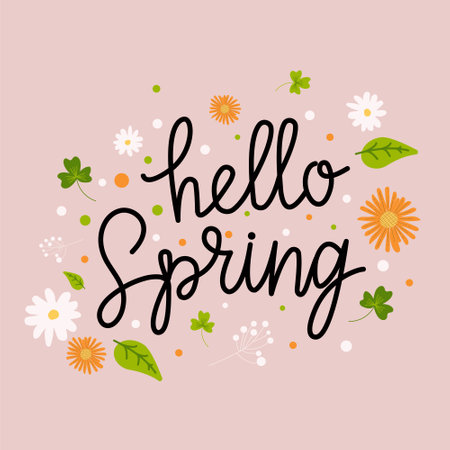 Hello Spring hand sketched logotype, badge typography icon. Lettering spring season with leaves and flowers for greeting card, invitation template. Retro, vintage lettering template backgroundのイラスト素材