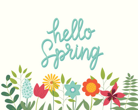 Hello Spring hand sketched card, vector illustration. Lettering spring season with leaves and flowers for greeting card, invitation template. Retro, vintage lettering banner, poster, background.のイラスト素材