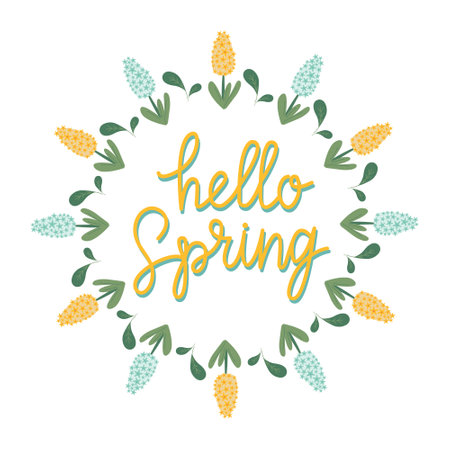 Hand drawn lettering Hello spring card with decorative floral frame, vector illustration for greeting card, invitation template. Retro, vintage lettering banner, poster, background.のイラスト素材