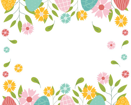 Hand sketched background, vector illustration for Easter. Borders with leaves, eggs and flowers for greeting card, invitation template. Retro, vintage lettering banner, poster, backgroundのイラスト素材