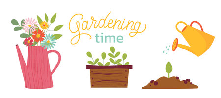 Gardening time set of illustration. Watering can, plants, vegetables, sprout. Spring gardening concept. Vector illustrations on white background for poster, icon, card, logo, labelのイラスト素材