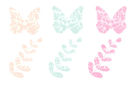 Simple butterfly and branch with leaves with texture isolated on white background. Template for design. Vector illustration.のイラスト素材