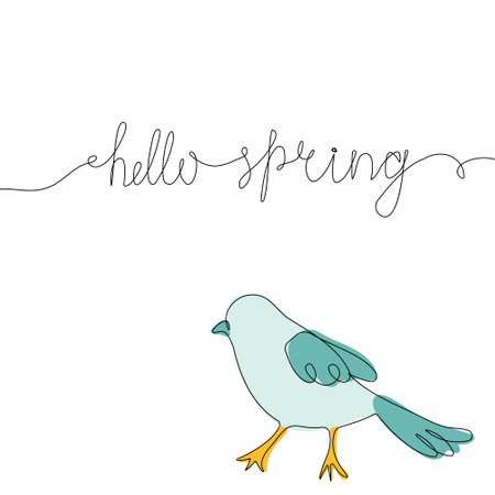 One line drawing typography quote Hello Spring and bird. Phrase on minimalist black linear sketch isolated on white background. Vector illustration.のイラスト素材