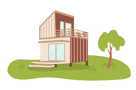 Modular home. Wooden eco-friendly modular house. New modular housing concept. Modular homes exterior designのイラスト素材