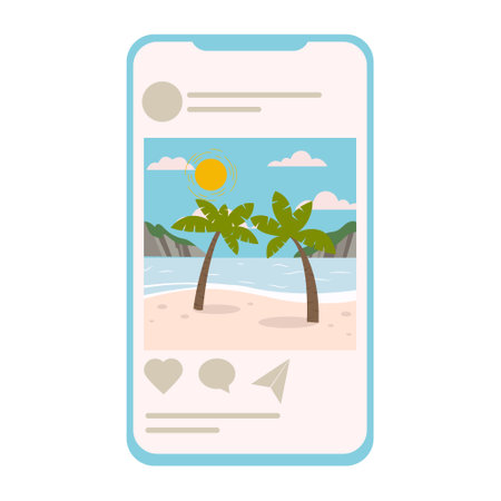 Social media profile page on mobile phone. Social media page with picture from vacation on smartphone. Travelling concept. Vector illustration in flat design style.のイラスト素材