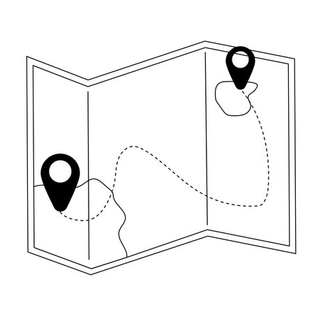 Vector outline illustration of paper map with route. Folded map icon. Travel concept. Element for print, banner, card, brochure.のイラスト素材