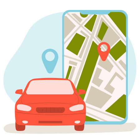 Online ordering taxi car, rent and sharing using service mobile application. Smartphone screen with route and points location on city map on car and urban landscape background.のイラスト素材
